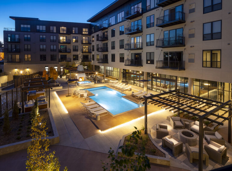 Zen courtyard with outdoor pool, hot tub, and sundeck